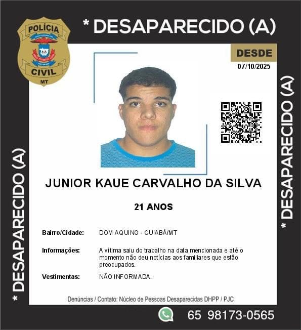 Jovem de 21 anos desaparece em Cuiabá após sair do trabalho — família faz apelo por informações