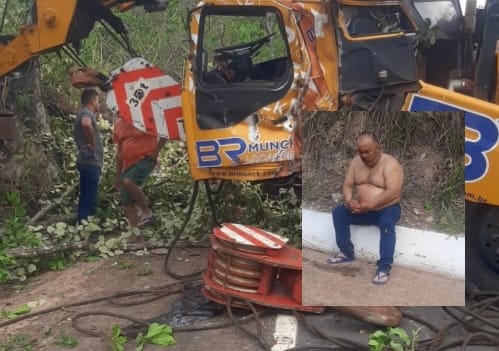 Motorista age rápido e evita tragédia: caminhão-guindaste fica atravessado na estrada do Manso