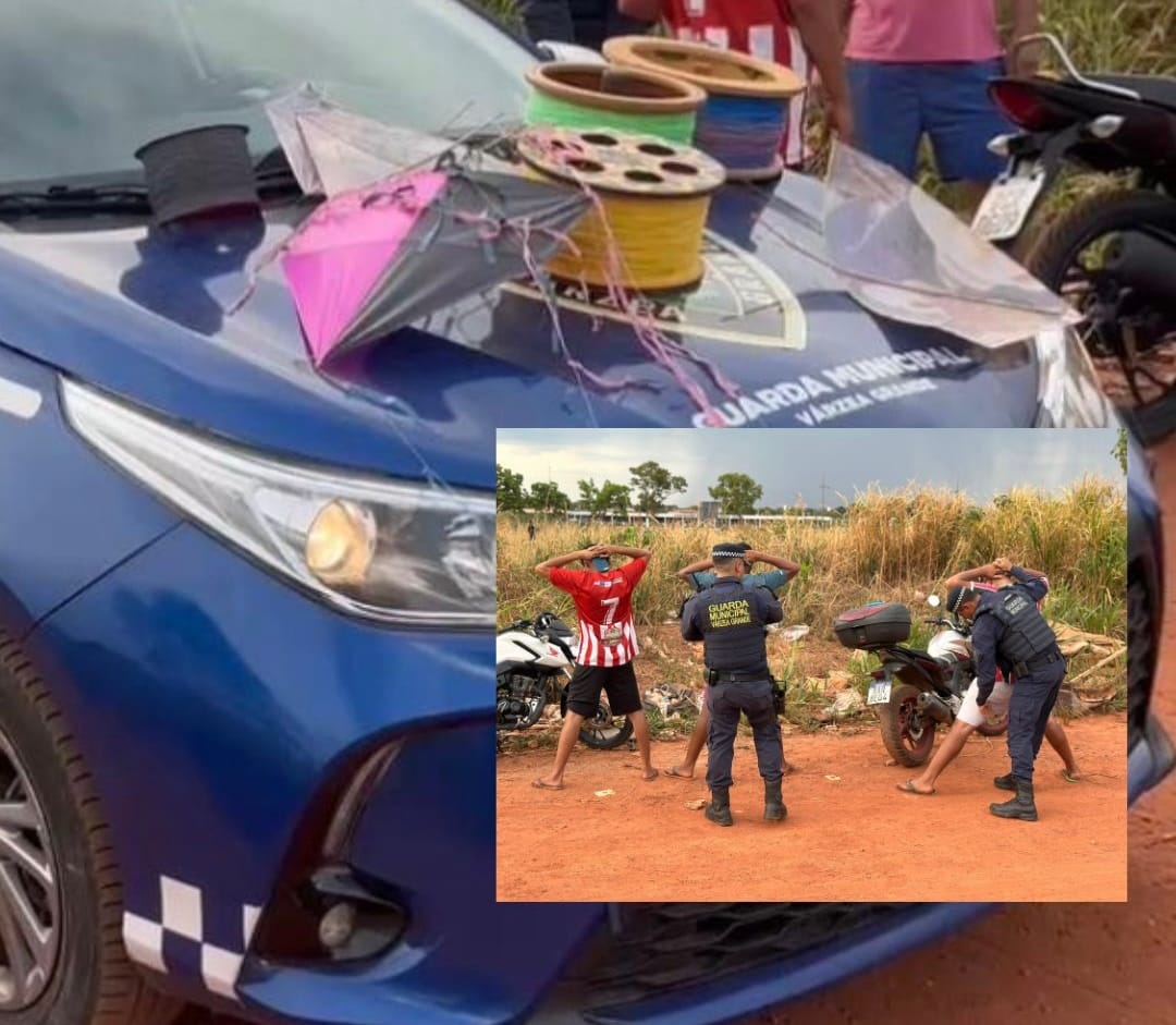 Guarda Municipal conduz três à delegacia neste domingo em Várzea Grande, com linha chilena de cerol