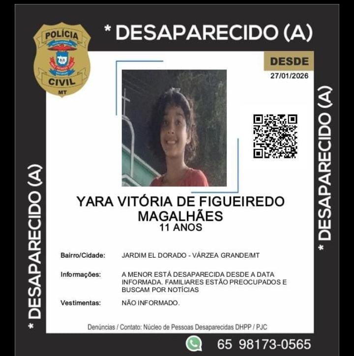 Menina de 11 anos desaparece em Várzea Grande e família pede ajuda da população