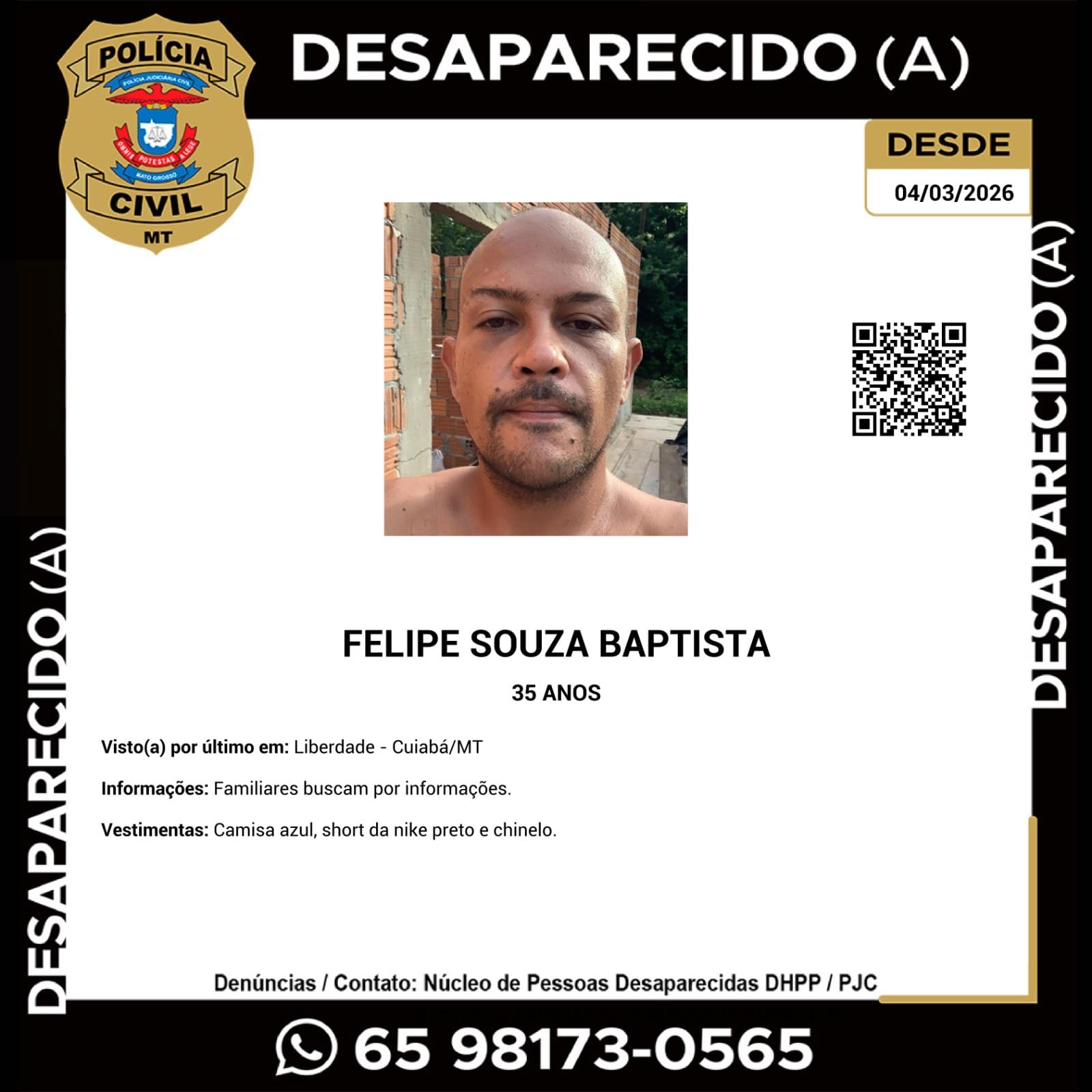 URGENTE: Homem de 35 anos está desaparecido em Cuiabá e família pede ajuda para encontrá-lo