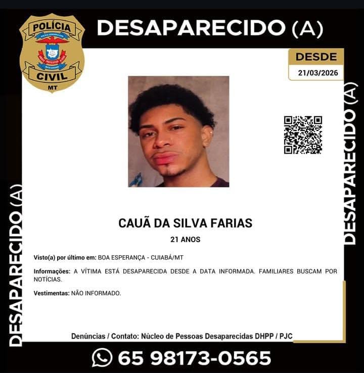 JOVEM DE 21 ANOS DESAPARECE EM CUIABÁ E FAMÍLIA FAZ APELO DESESPERADO POR NOTÍCIAS