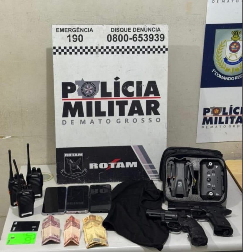 🚨 GOLPISTAS DE CELULAR SÃO PRESOS EM FLAGRANTE COM ARMA FALSA, DRONE E DOCUMENTOS DE VÍTIMAS EM CUIABÁ