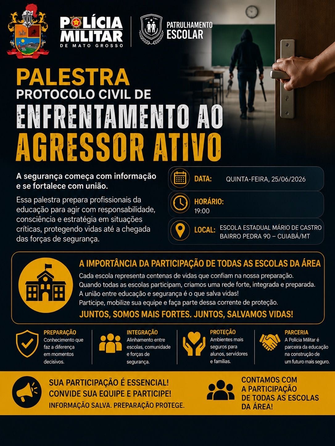 24º BPM REÚNE ESCOLAS DE CUIABÁ EM TREINAMENTO PARA ENFRENTAMENTO DE ATAQUES E SITUAÇÕES DE RISCO