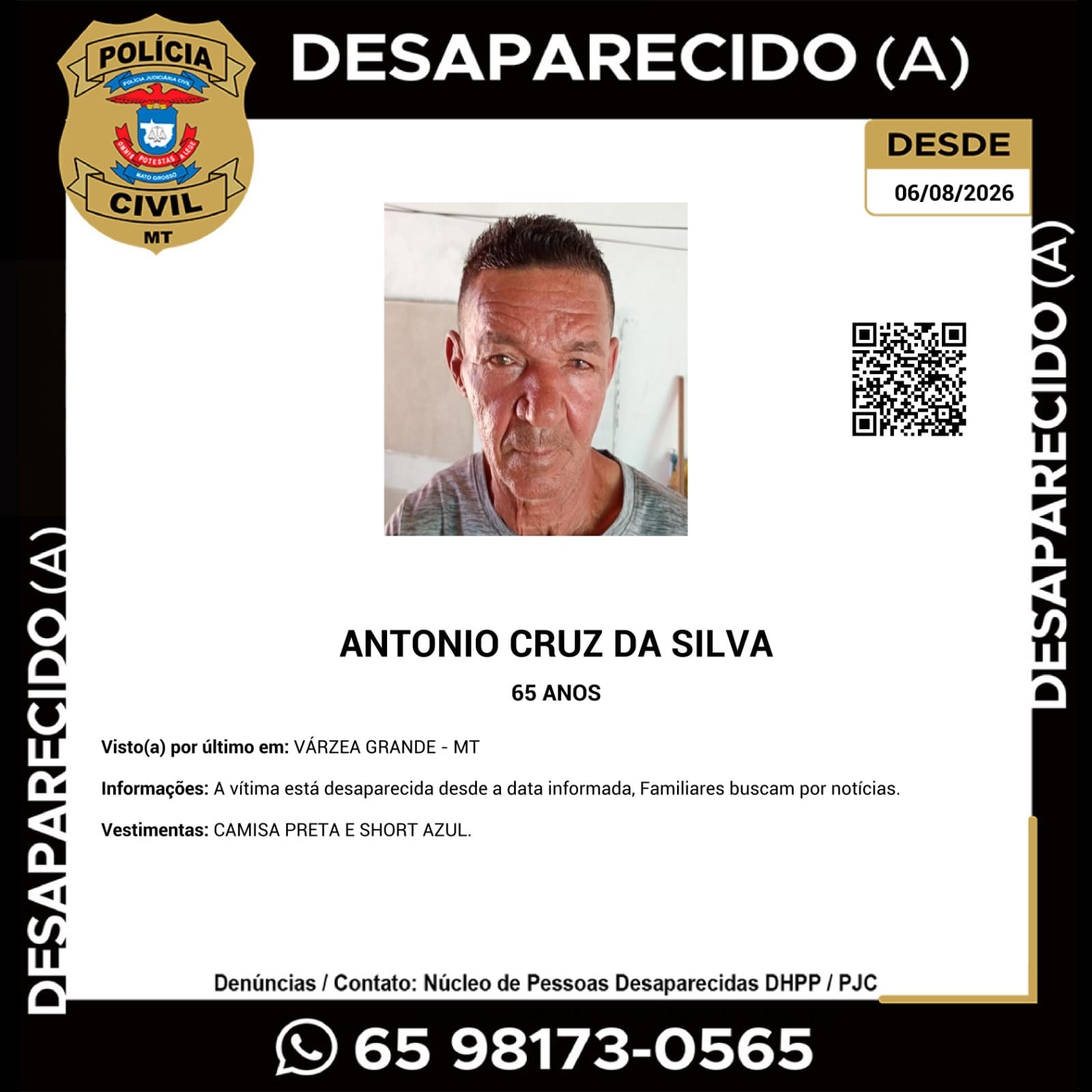 Família procura por idoso de 65 anos de Várzea Grande desaparecido há duas semanas