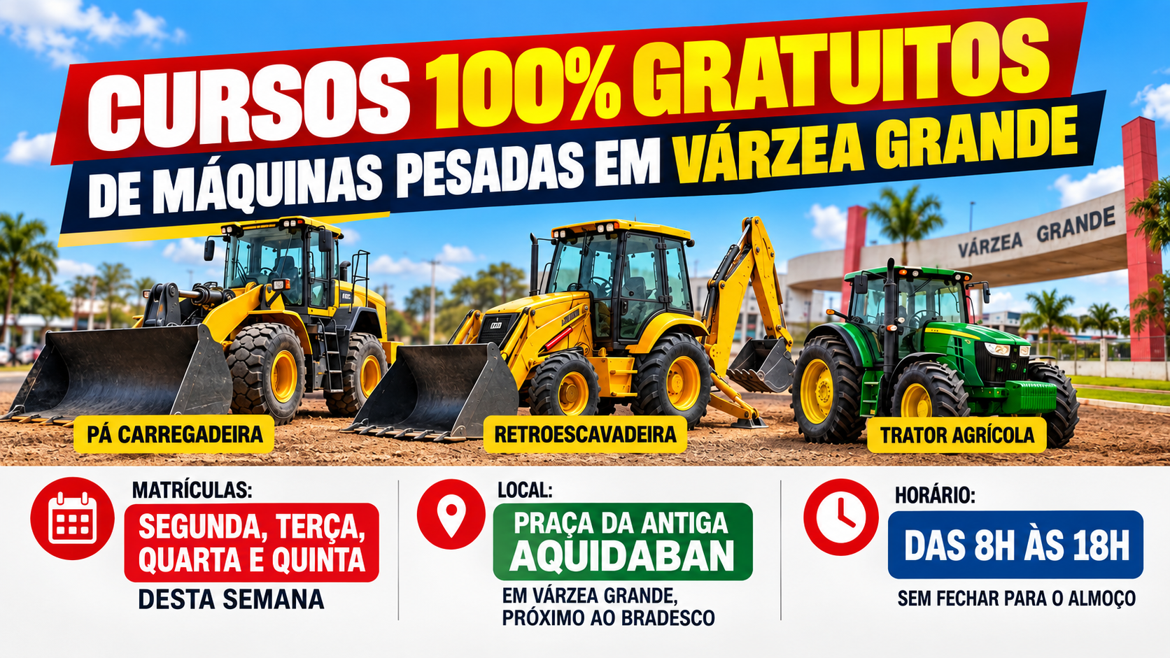 Cursos gratuitos de máquinas pesadas abrem inscrições em Várzea Grande