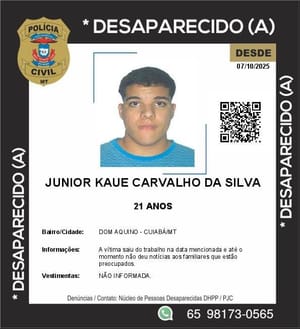 Jovem de 21 anos desaparece em Cuiabá após sair do trabalho — família faz apelo por informações