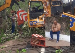 Motorista age rápido e evita tragédia: caminhão-guindaste fica atravessado na estrada do Manso