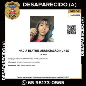 ADOLESCENTE DE 16 ANOS DESAPARECE EM VÁRZEA GRANDE E FAMÍLIA PEDE AJUDA