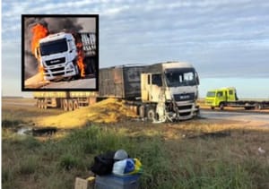 CARRETA CARREGADA DE MILHO PEGA FOGO NA BR-364 E MOBILIZA BOMBEIROS EM MT